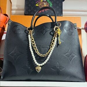 LOUIS VUITTON ON THE GO GM Black Designer Tote Bag with Gold and Pearl Accents